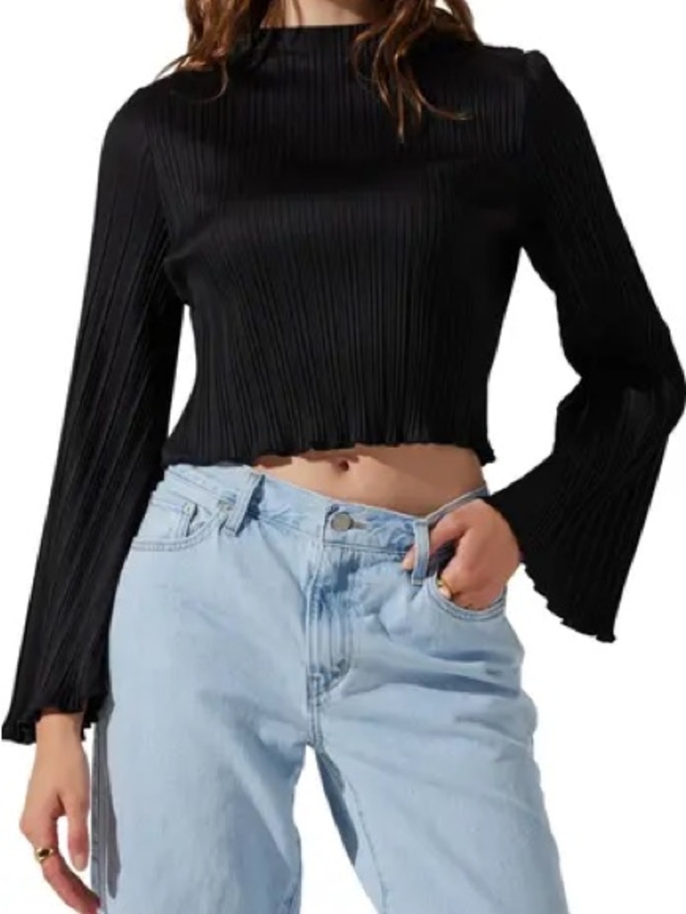 Astr | Plisse Mock Neck Black Pleated Long Sleeve Crop Top